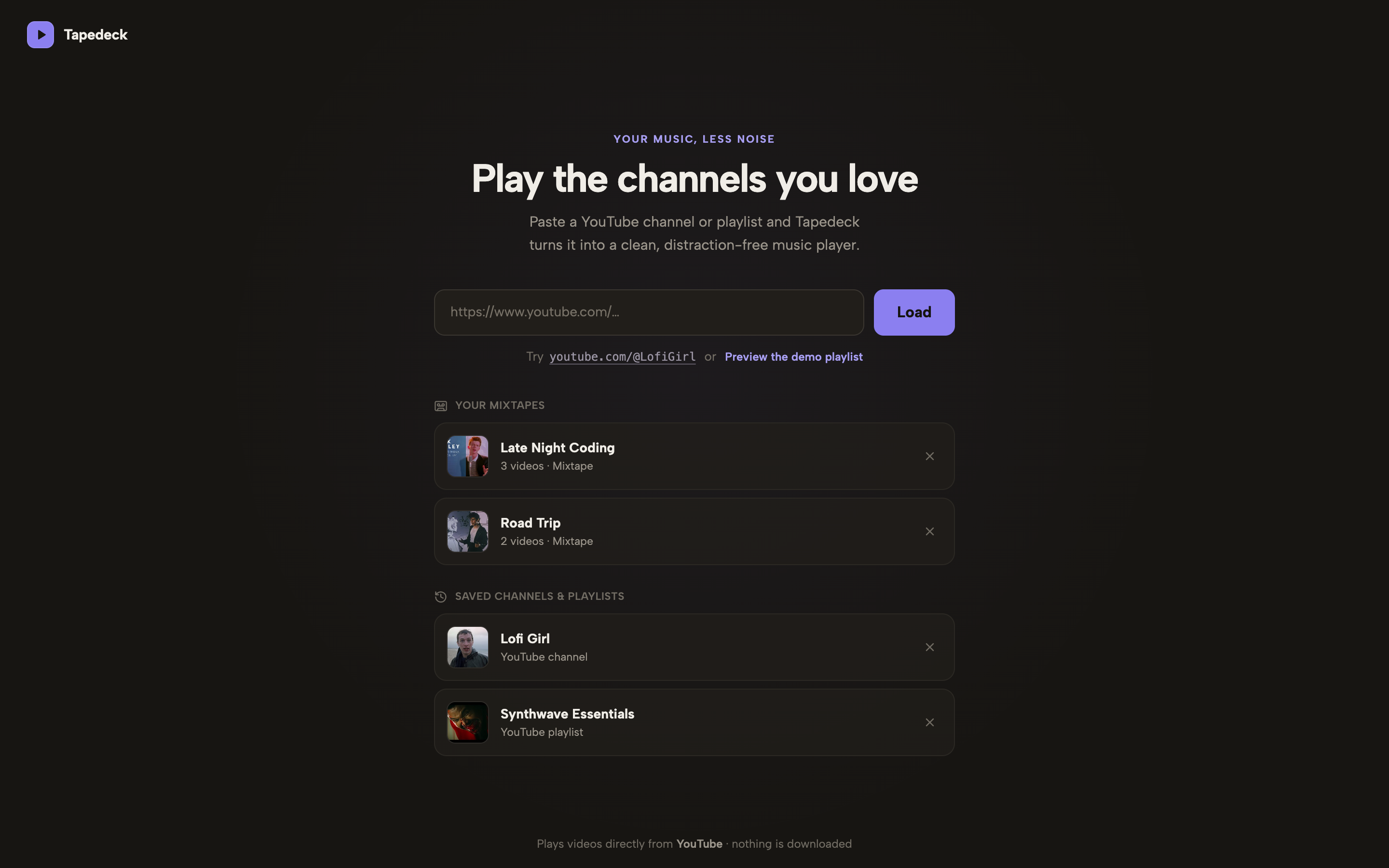 Tapedeck welcome screen with saved channels and mixtapes